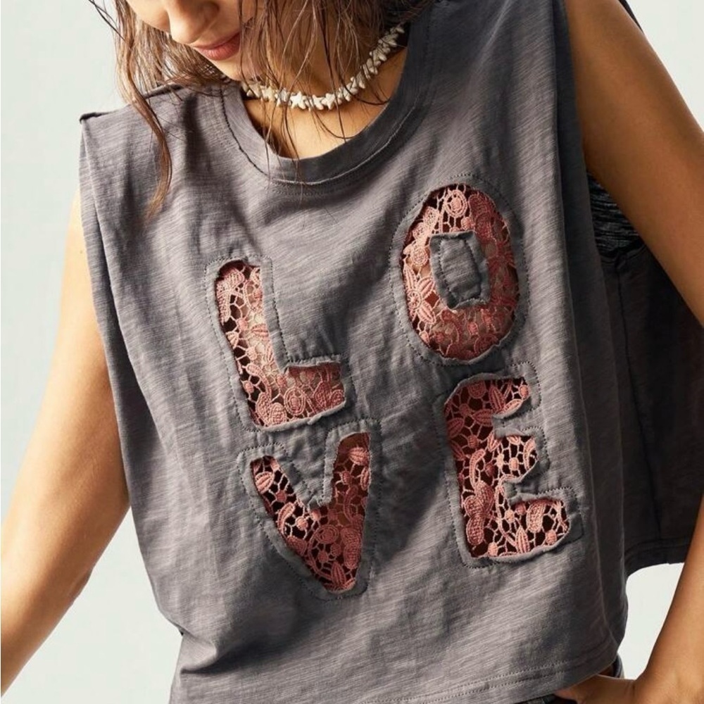 LAST ONE Gray and Pink Lace Crop Muscle Tee